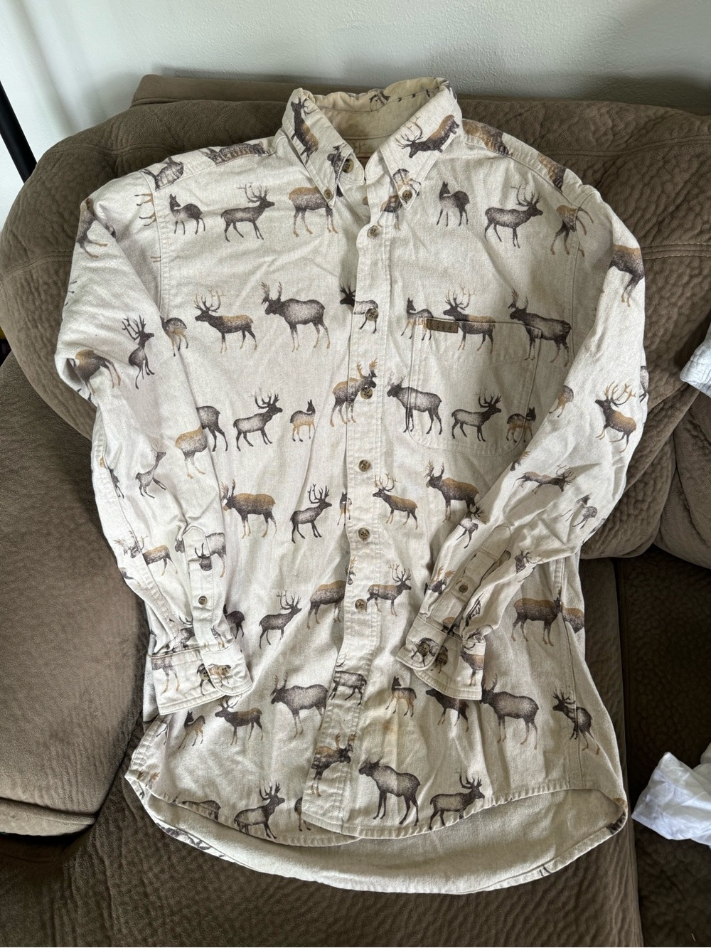 Men's Woolrich Cotton Beige Button-Down Shirt with Deer Elk Print